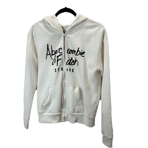 Abercrombie & Fitch White Black Embroidered Spellout Logo Full Zip Hoodie Size M - Picture 1 of 12